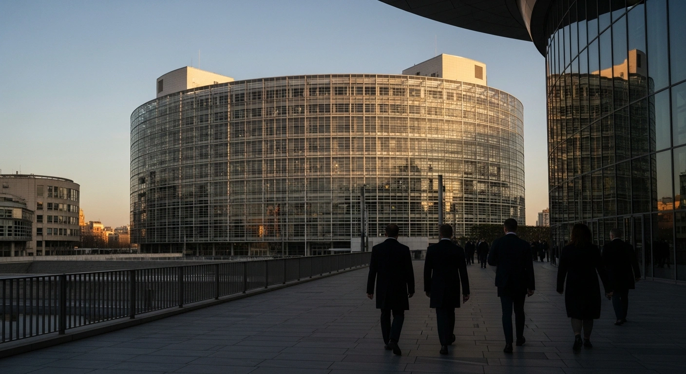 European Union leaders are depicted leaving the European Council building in Brussels at sunset, symbolizing the de-escalation of transatlantic trade tensions following US President Donald Trump's withdrawal of tariff threats.