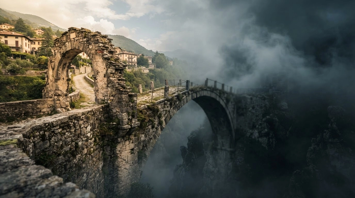 A symbolic representation of the strained diplomatic relationship between the European Union and Turkey, depicted as a fractured bridge over a misty chasm.