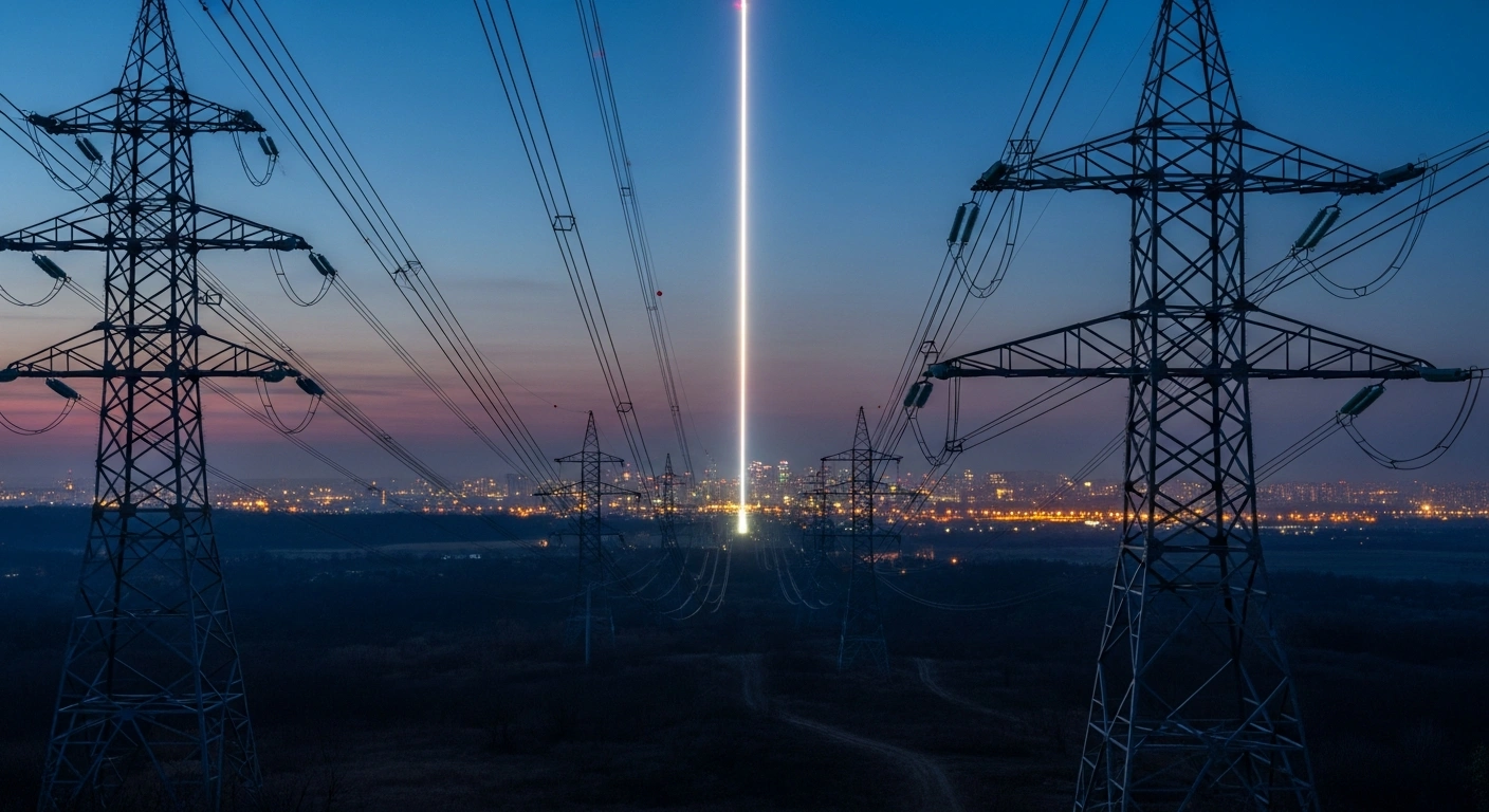 A wide-angle shot at twilight shows modern high-voltage power lines carrying a powerful, glowing energy flow towards a brightly lit city, symbolizing the increased electricity imports from the European Union to the Ukraine-Moldova regulatory block, enhancing energy security and resilience for both nations.