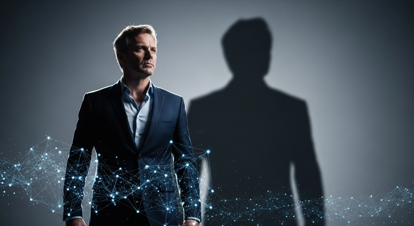 A determined European figure, representing Thierry Breton, stands partially obscured by glowing blue digital lines, symbolizing US visa restrictions and allegations of content censorship, while an imposing shadow looms behind, representing the US undermining European digital sovereignty and the Digital Services Act.