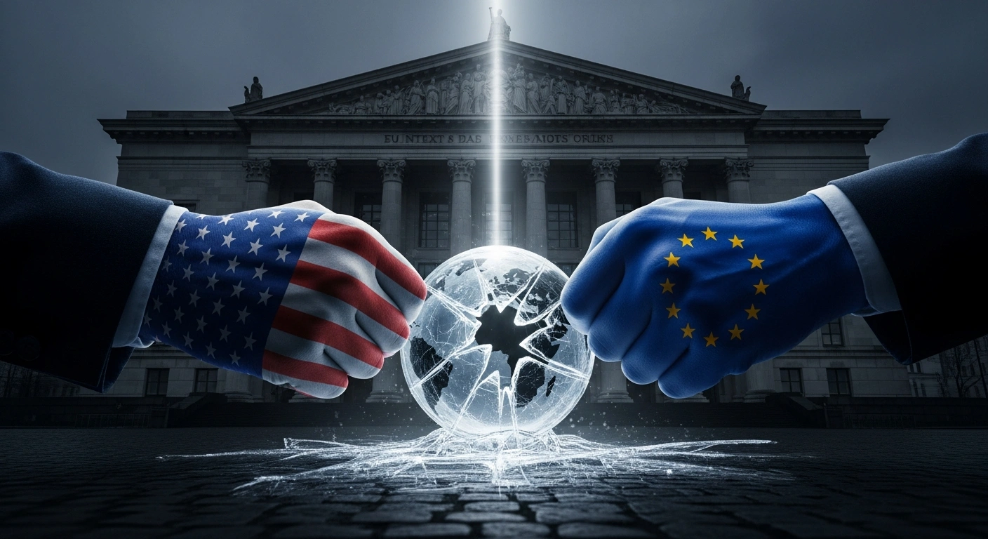A dramatic low-angle shot shows two hands, one representing the US and one the EU, pulling apart a cracked and frozen glass globe in front of a European parliament building, symbolizing the frozen trade deal and uncertainty in transatlantic relations following new tariffs.