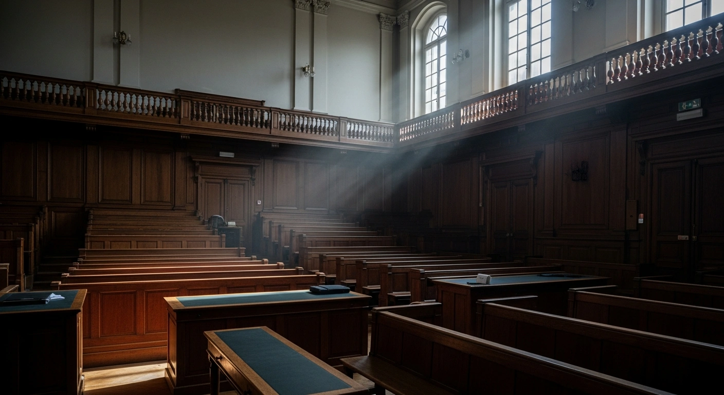 A dimly lit French courtroom represents the final legal proceedings where Eugene Rwamucyo was sentenced for his role in the 1994 Rwandan genocide.