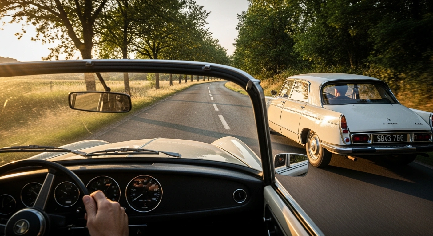 A classic French sedan drives on a sun-dappled secondary road in the Eure department, France, symbolizing the reinstatement of the 90km/h speed limit in early 2026.