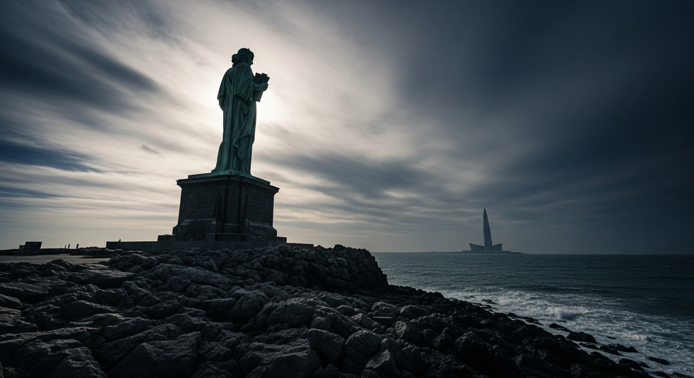 A low-angle, wide shot shows a colossal, weathered statue, evoking classical European architecture, standing resolutely on a craggy, windswept coastline under a dramatic, stormy sky, with a faint, distant silhouette of a modern skyscraper, symbolizing the call for European nations to exhibit greater confidence and independence from Washington's influence, as articulated by German Defence Minister Boris Pistorius.