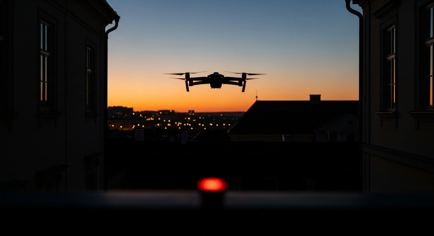 A sleek, ominous drone is silhouetted against a dusk sky above historic European rooftops, with distant city lights and a pulsing red security light in the foreground, symbolizing widespread airspace disruptions and security concerns across Europe.