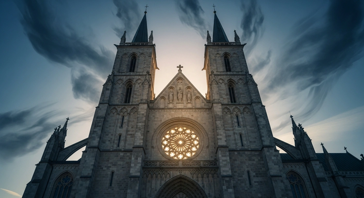A majestic, ancient European cathedral, illuminated by a powerful golden light, stands resilient against encroaching dark mist, symbolizing Europe's Christian and national identity and foundations amidst challenges like mass migration and external pressures.