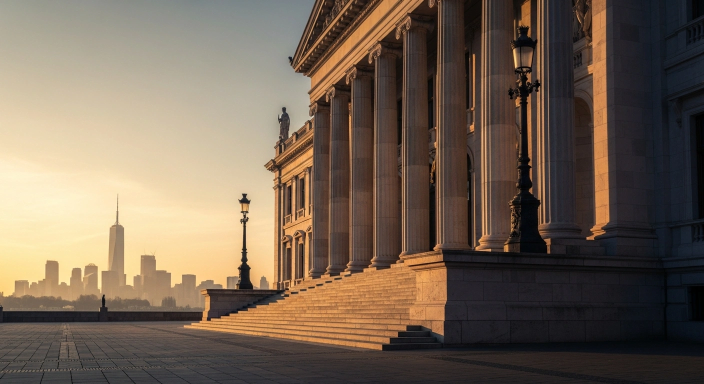 A grand European parliament building, bathed in golden light, symbolizes Europe's emerging self-confidence and independence, as advocated by German Chancellor Friedrich Merz, with a faint, receding silhouette of an American skyline in the hazy background.