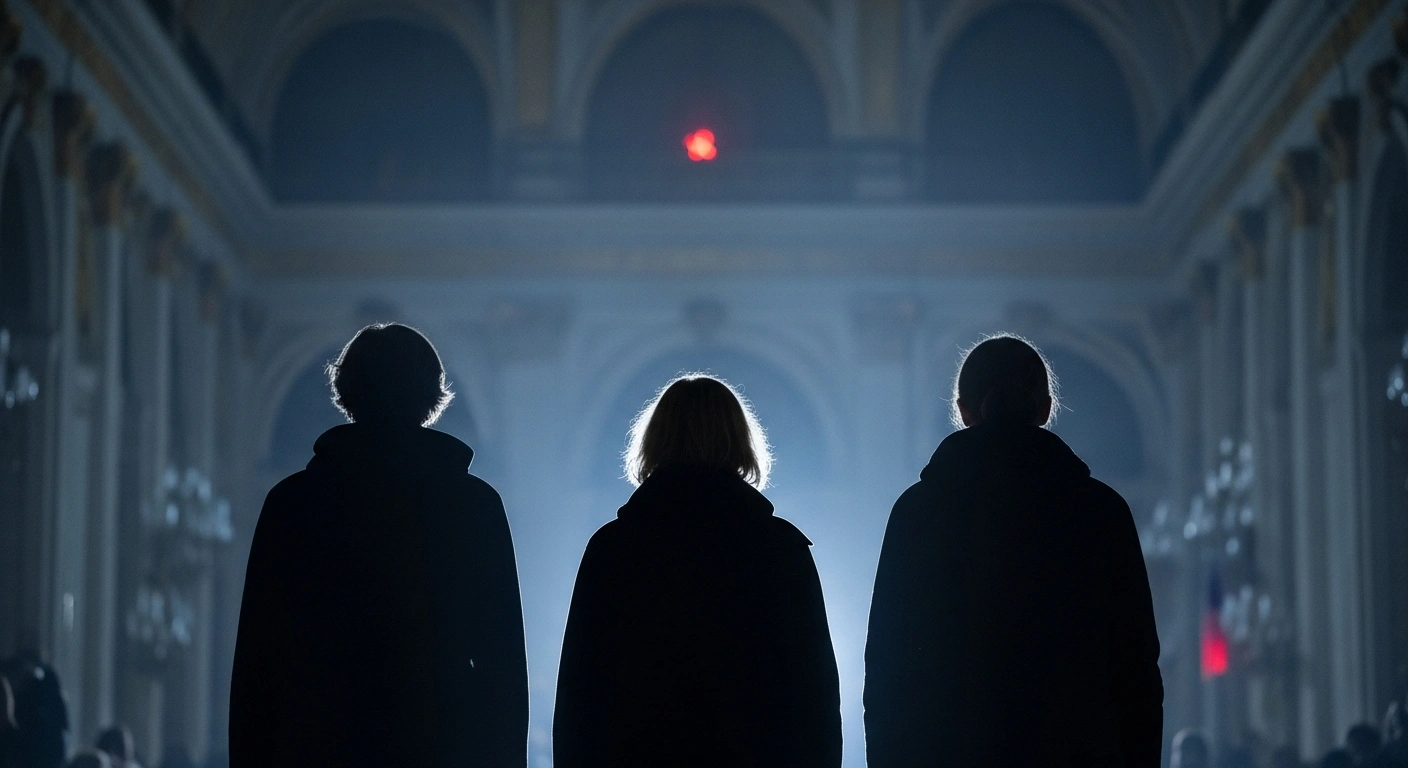 Three European leaders, representing France, Germany, and the UK, stand resolutely in a grand, dimly lit hall, advocating for negotiations and de-escalation following recent US-Israeli and Iranian strikes.