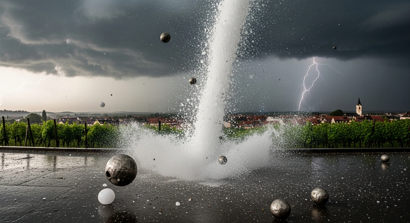 A dramatic low-angle view of a European landscape under a dark, stormy sky, with very large hailstones falling intensely, illustrating the increased frequency of severe hail events and their potential for rising economic losses due to changes in atmospheric moisture.