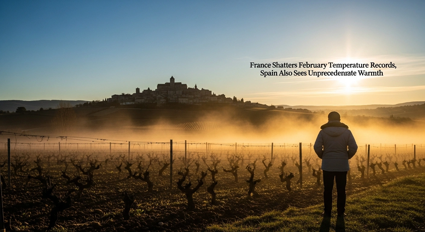 A wide, sun-drenched European landscape, possibly in France or Spain, features a field of early spring flowers under an intense golden light, with a shimmering heat haze rising from the ground towards a distant village under a clear blue sky, and a lone figure in a light jacket standing in the foreground.