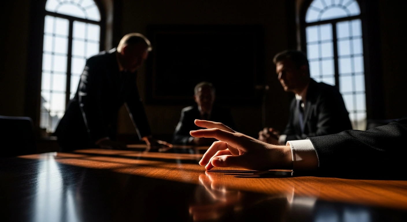 A symbolic image depicting a lone hand representing Europe reaching across a polished table towards a silhouette representing Russia, with two powerful, shadowed figures in the background symbolizing the United States and other geopolitical influences, illustrating the complex diplomatic efforts for dialogue amidst international negotiations.