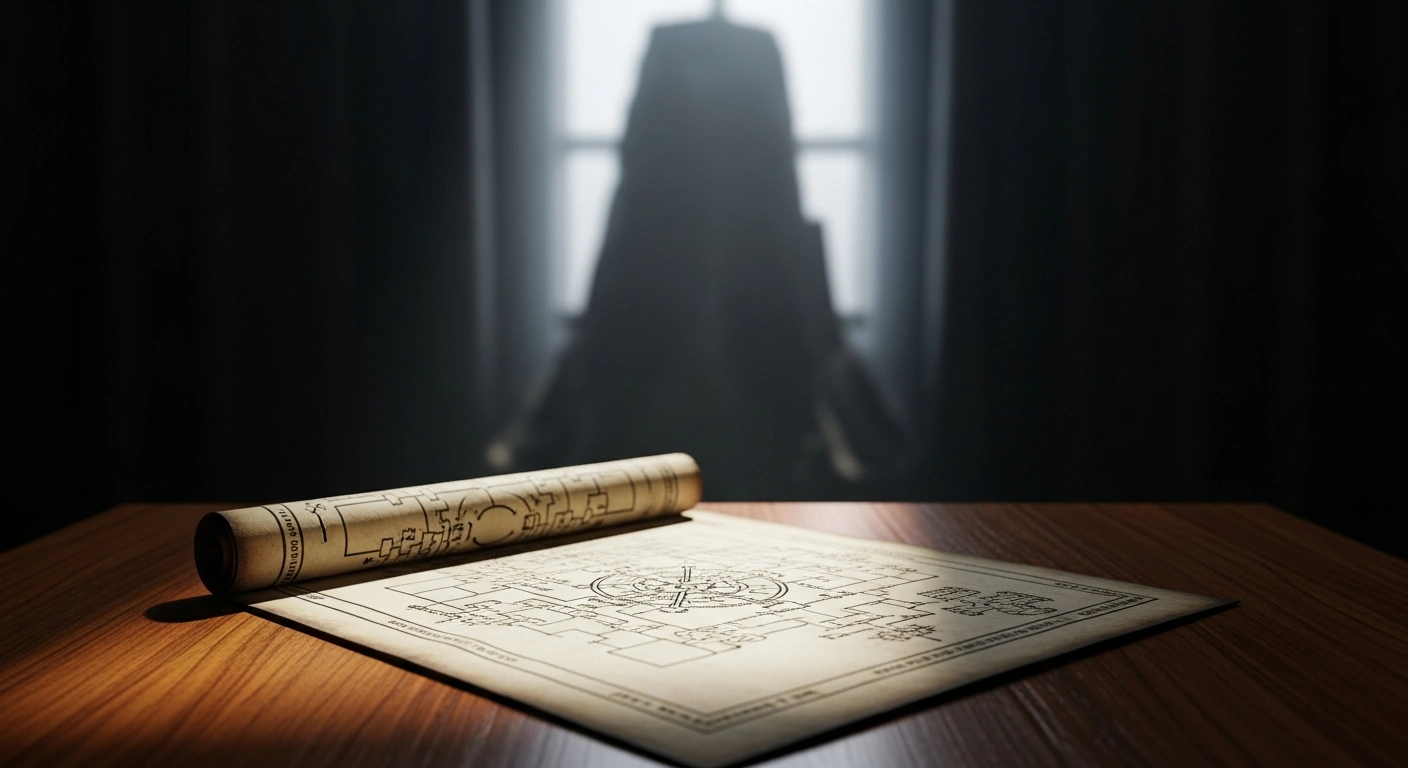 A meticulously detailed document, symbolizing the European peace plan for Ukraine, is illuminated by a focused beam of light on a polished dark table, while a large, dark, and imposing structure looms in the blurred background, representing Russia's rejection of the proposal.