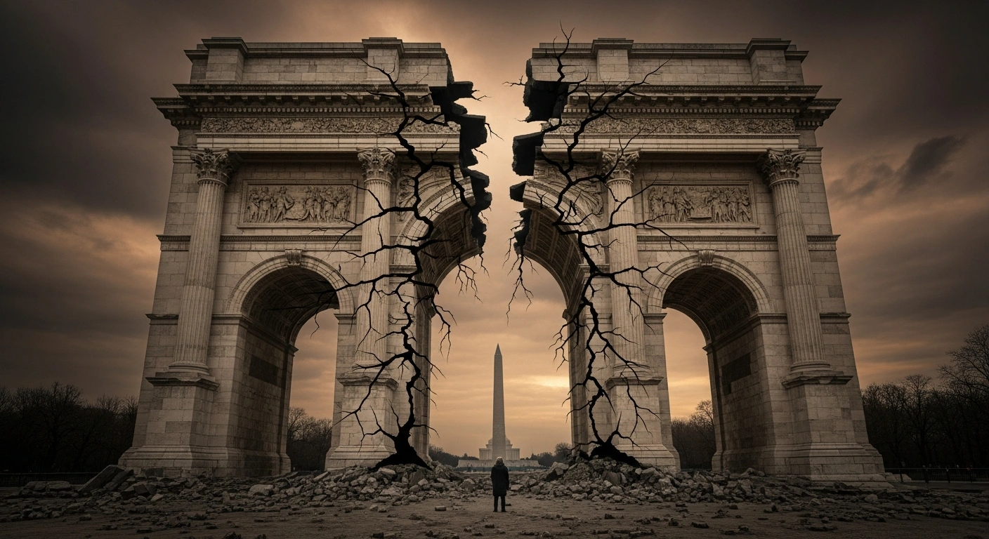 A lone figure, representing Lars Klingbeil, stands before a colossal, fractured European archway, observing a widening chasm that separates it from a distant American monument under a turbulent twilight sky, symbolizing the disintegrating ties between Europe and the United States amidst upheaval under the Trump administration.