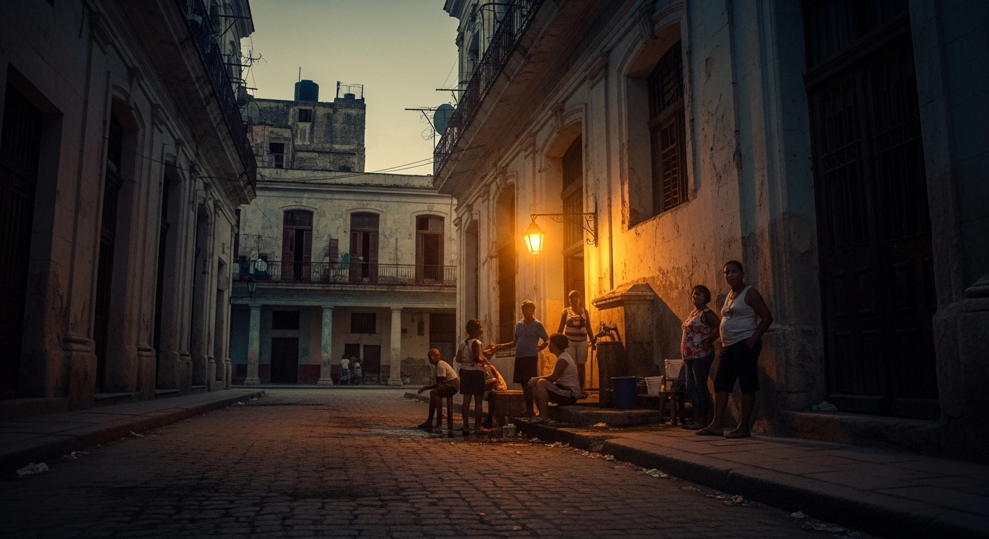 A group of Cuban residents gathers in a dim street as the European Commission provides humanitarian aid to address the country's energy and supply crisis.