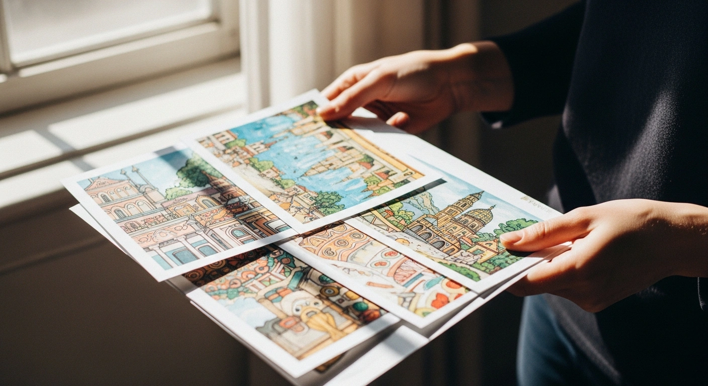 A person holds artistic sketches of European culture and biodiversity themes shortlisted for the new generation of euro banknotes by the European Central Bank.