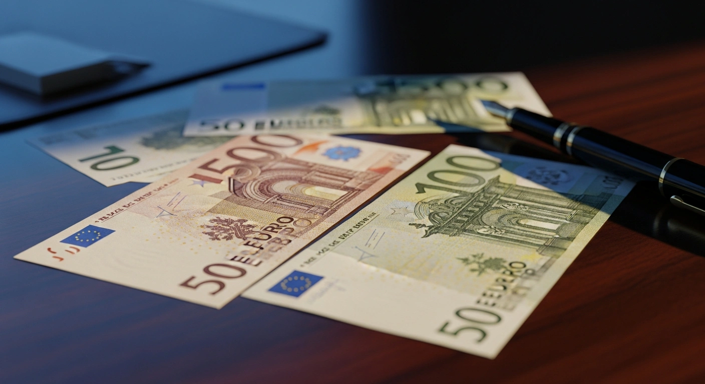 Conceptual designs for the next generation of European Central Bank banknotes are displayed on a desk to represent the new themes for the euro currency.