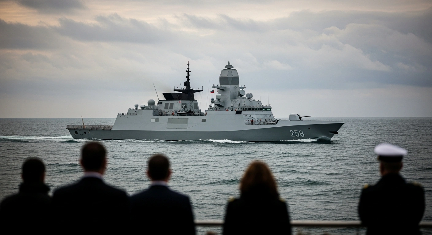 A futuristic European Combat Vessel frigate with a sleek, stealth design sails through choppy waters under an overcast sky, observed by a group of professionals, symbolizing the collaborative development efforts by Portugal, other EU nations, and shipbuilders discussed at the European Defence Agency (EDA) meeting for advanced naval capabilities.