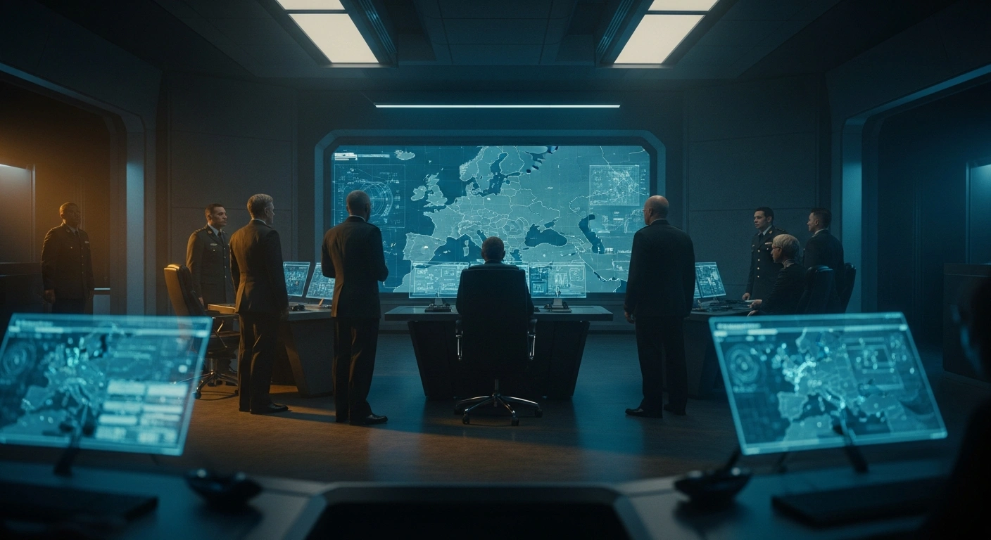Defense ministers and security experts gather in a modern command center to discuss European combat readiness and NATO defense strategies.