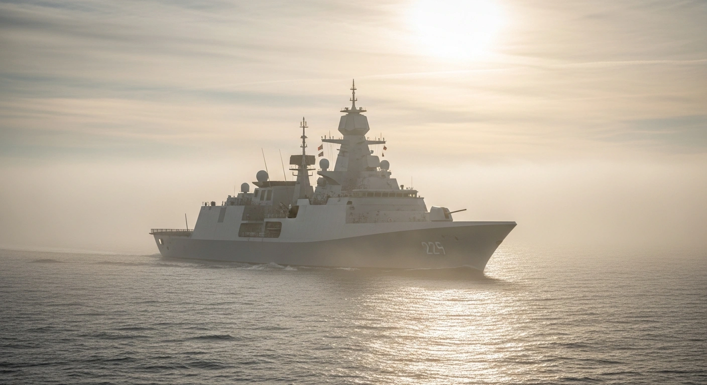 A powerful, sleek European Combat Vessel frigate, representing the future of European maritime security and naval development discussed by Portugal, other EU member states, and shipbuilders, cuts through a misty ocean at dawn.