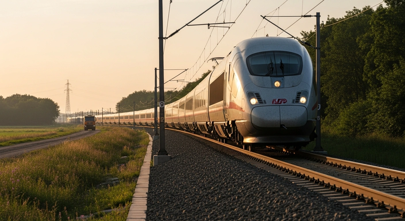 A modern high-speed train travels along tracks in the European countryside as part of a new initiative to improve civilian connectivity and military mobility.