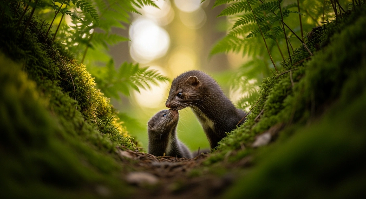 A mother European mink and her young kit rest together in a natural habitat on Saaremaa island in Estonia.