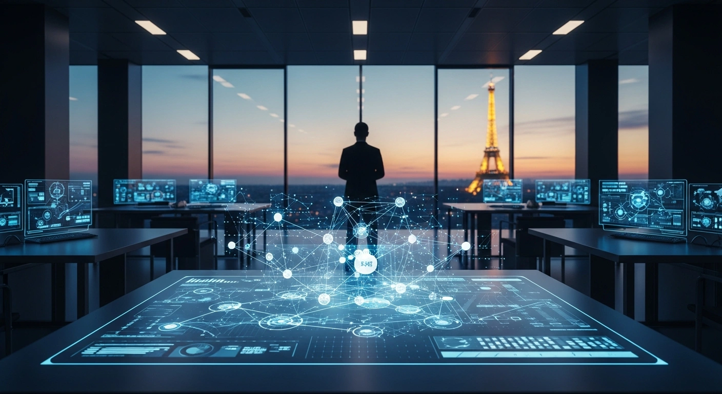 A professional stands in a high-tech command center overlooking Paris, symbolizing the strategic shift toward European technological sovereignty in AI and defense.