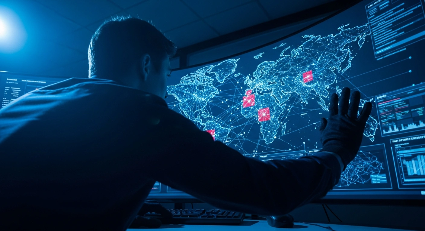 A person in a dimly lit, high-tech operations room observes a large, curved screen displaying complex financial data and interconnected global locations, symbolizing Europol's new 'Target Group Sanctions' team tracking illicit financial flows and seizing assets related to Russian sanctions evasion.