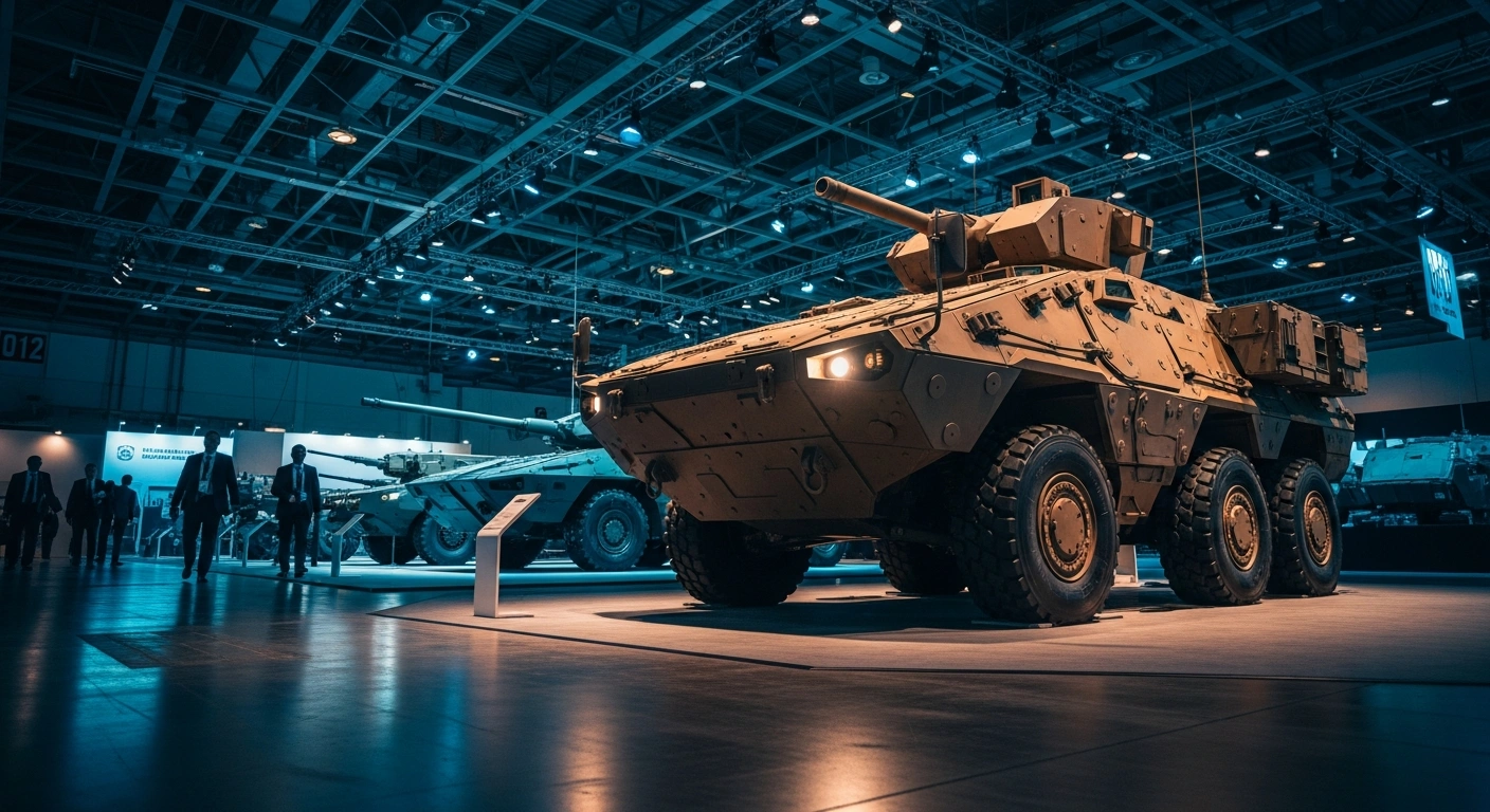 A modern armored vehicle is showcased at the Eurosatory defense and security exhibition near Paris, France.