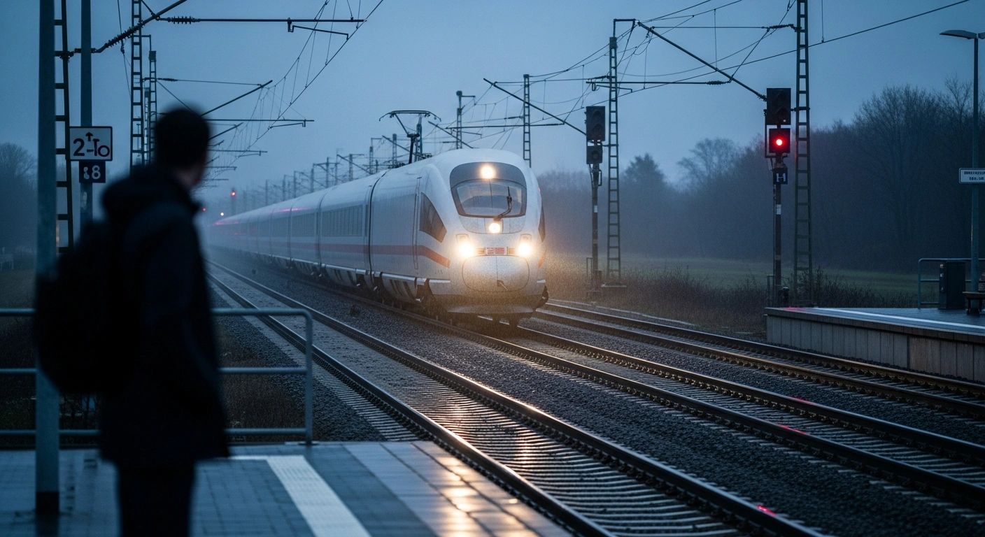 A Eurostar train sits stationary on a track in Germany during a period of service disruptions caused by unplanned maintenance.