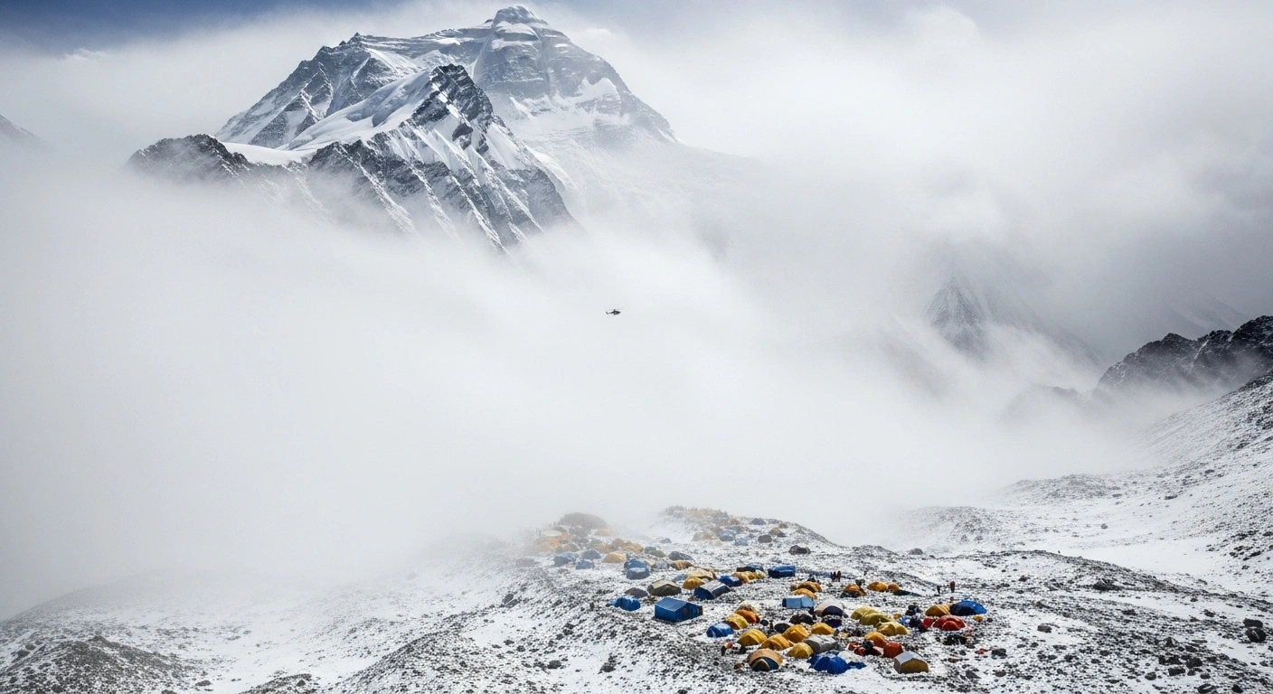 A high-angle view of the Tibetan side of Mount Everest shows a snowstorm engulfing a makeshift camp of brightly colored tents, where hundreds of hikers are trapped, with a distant rescue helicopter battling the extreme weather conditions.