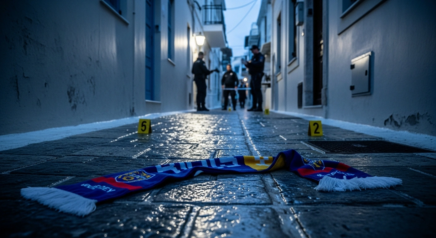 A dimly lit, narrow cobblestone alleyway on the Greek island of Evia shows the aftermath of a violent incident, with police floodlights illuminating forensic markers and a discarded soccer scarf, reflecting the investigation into soccer-related violence where a 20-year-old man was fatally stabbed and two others injured.