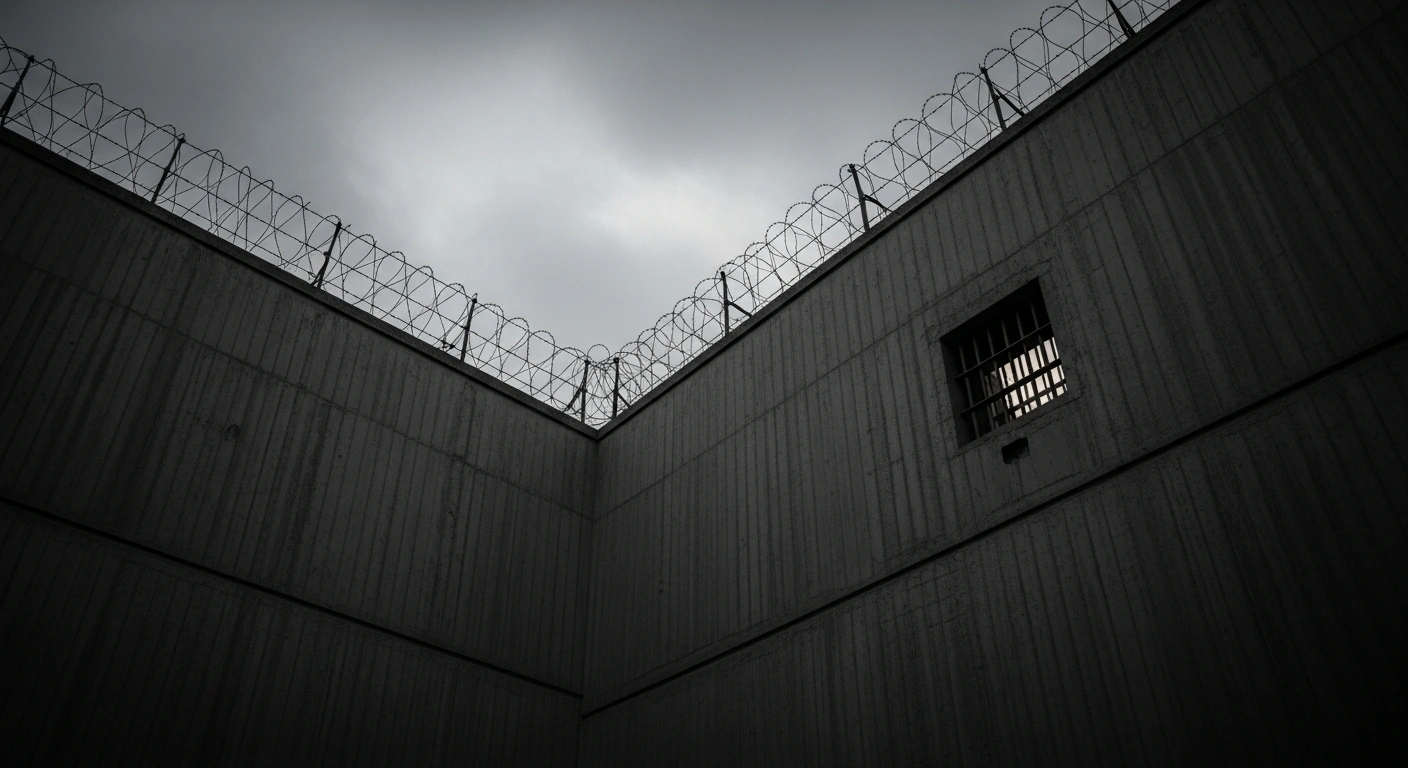 The exterior of Tehran's Evin Prison features high concrete walls and barbed wire, representing the incarceration of political prisoners Shiva Esmaeili and Elaheh Fouladi.