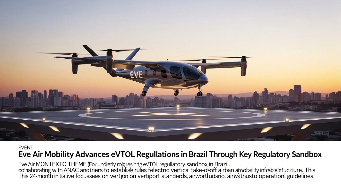 A sleek, futuristic eVTOL aircraft descends onto a modern vertiport platform in a Brazilian city during sunset, symbolizing Eve Air Mobility's regulatory sandbox initiative with ANAC for urban air mobility infrastructure.