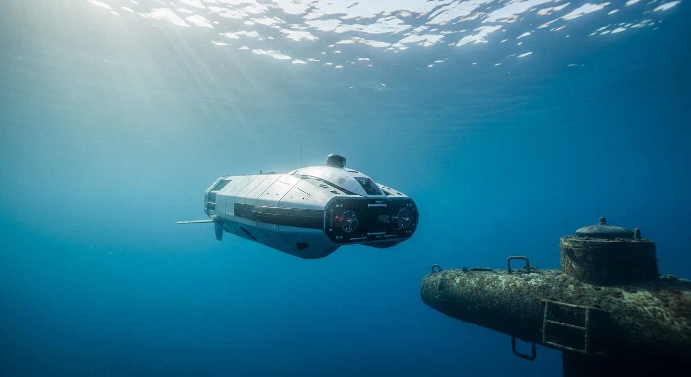 An autonomous Exail mine countermeasures drone navigates underwater to safely clear a naval mine for the Belgian and Dutch navies.