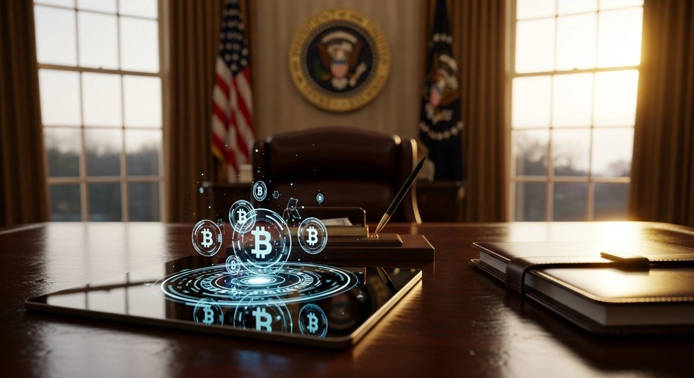 A close-up view of a digital tablet showing financial data on a desk in the Oval Office, representing the executive order on digital assets and financial technology.
