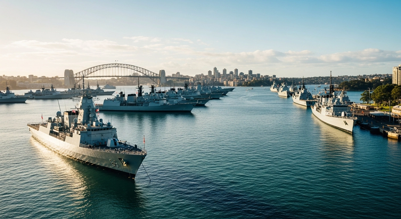 A diverse fleet of international naval vessels gathers in Sydney Harbour for the conclusion of the Exercise Kakadu fleet review.