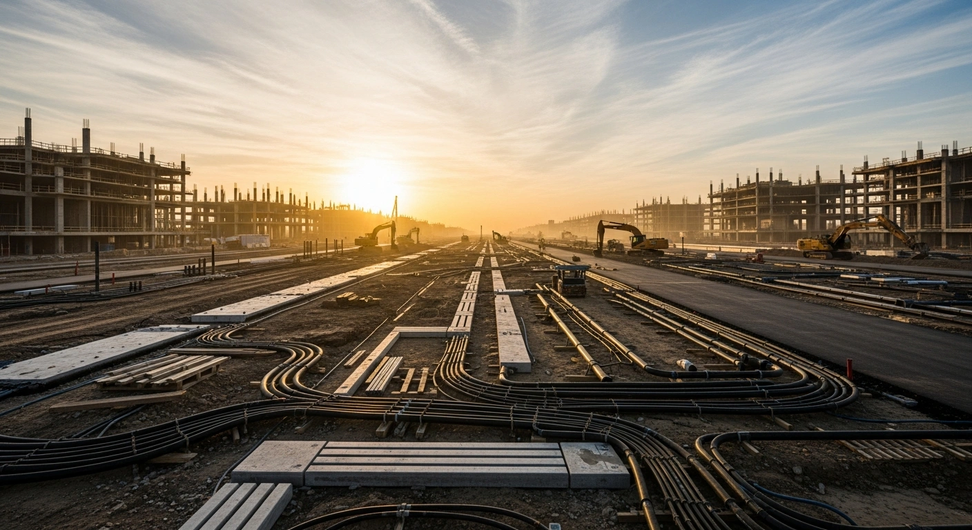 A vast construction site at dawn shows heavy machinery and newly laid infrastructure, including roads, pipes, and electrical systems, symbolizing the accelerated development for Expo 2030 Riyadh's utilities and civil works package awarded to Nesma & Partners.