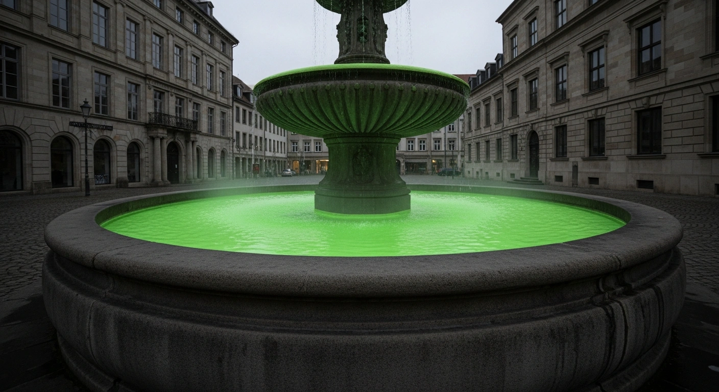 A historic public fountain in a German city square is filled with bright green water as part of an Extinction Rebellion climate protest.