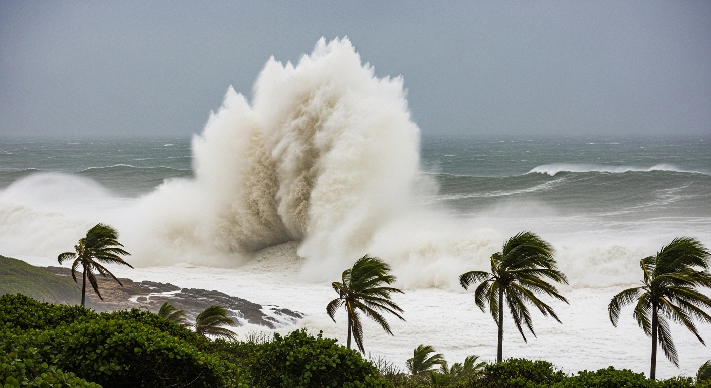 A dramatic scene on Brazil's southern coast shows massive, frothing waves crashing against a rugged shore under a dark, stormy sky, with heavy rainfall and strong winds, illustrating the impact of an extratropical cyclone.