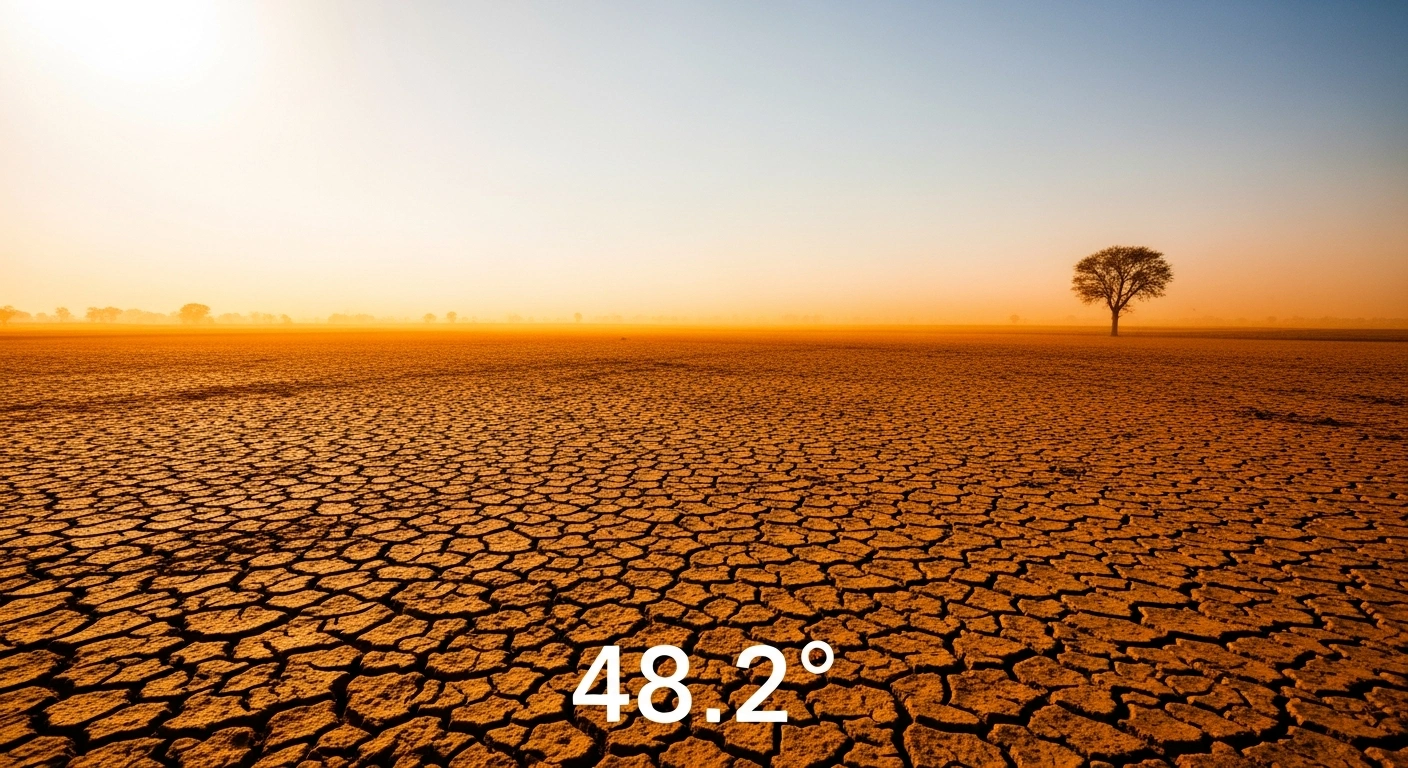 A parched and cracked landscape in Banda, Uttar Pradesh, experiences an extreme heatwave with visible heat haze under a scorching sun.