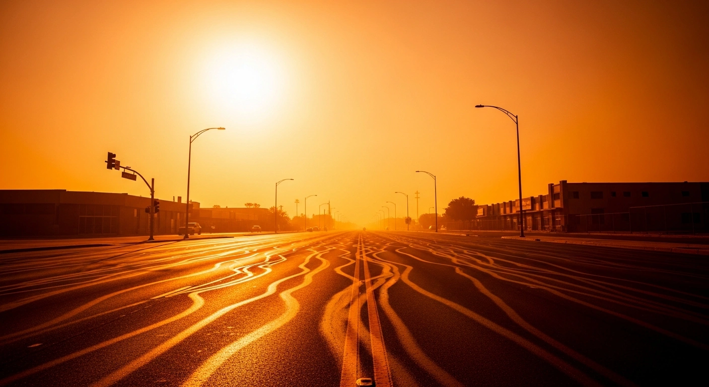 A shimmering heat haze rises from a deserted city street during an intense heatwave across the eastern United States.
