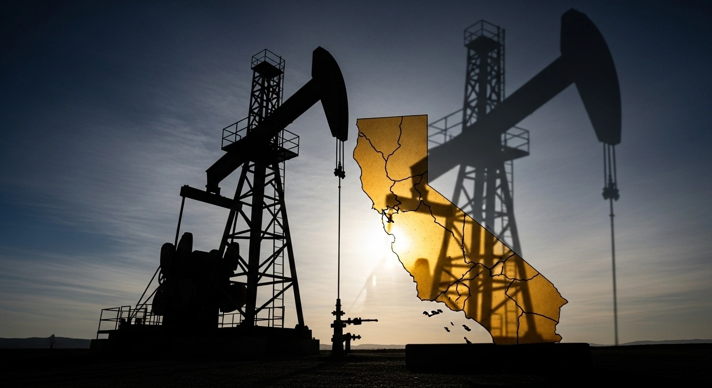 A dramatic image depicts a colossal oil derrick casting a long, dark shadow over a stylized golden California state outline, symbolizing ExxonMobil's lawsuit against California's climate disclosure laws, arguing First Amendment violations.