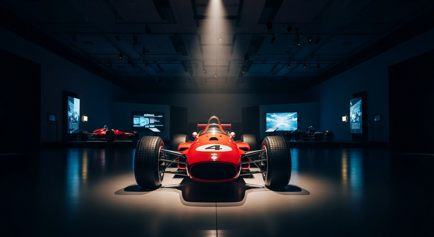 A classic red Formula 1 race car is dramatically illuminated by a spotlight within a dimly lit museum hall, showcasing a historic vehicle from the acclaimed Formula 1 Exhibition opening in Mexico City, with interactive digital displays softly glowing in the background.