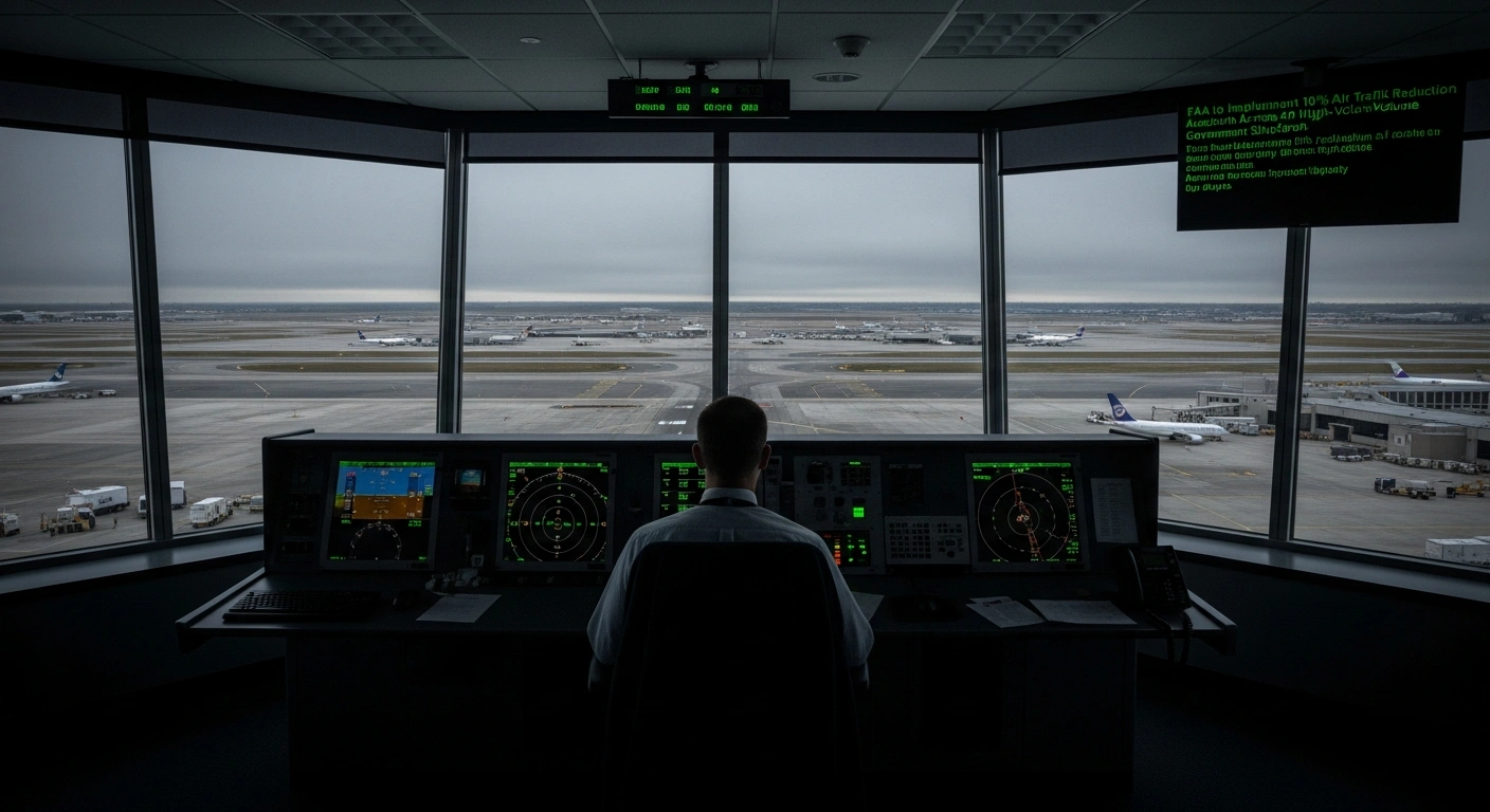 A dimly lit airport air traffic control tower at dawn shows a lone, silhouetted controller at a radar screen, with empty runways and grounded planes visible outside, symbolizing the Federal Aviation Administration's 10% air traffic reduction due to staffing shortages and a government shutdown causing flight delays.
