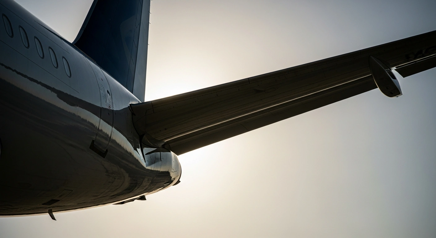 A low-angle, wide shot of an Airbus A320's tail section, highlighting the elevator control surface, illuminated by the harsh glow of a setting sun, symbolizing intense solar radiation and the urgent software upgrade directive from the FAA to prevent corrupted flight control data and potential travel disruptions.