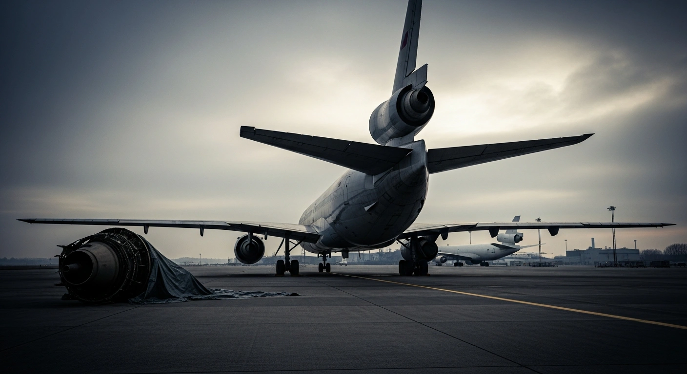 A grounded MD-11 cargo plane sits on a tarmac under an overcast sky, with a detached aircraft engine partially covered by a tarp in the foreground, symbolizing the FAA's grounding order following the fatal UPS cargo plane crash at Louisville Muhammad Ali International Airport on November 4, 2025, which killed 14 people after its left engine detached.