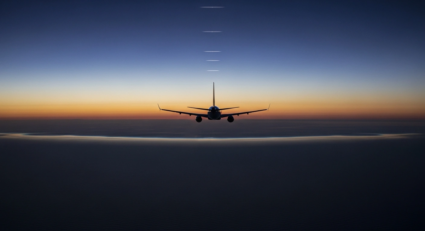 A commercial airliner flies over a vast, dark eastern Pacific Ocean at twilight, representing the Federal Aviation Administration's caution to U.S. aircraft operators regarding potential military activities and satellite navigation interference in areas near Mexico, Central America, and South America.