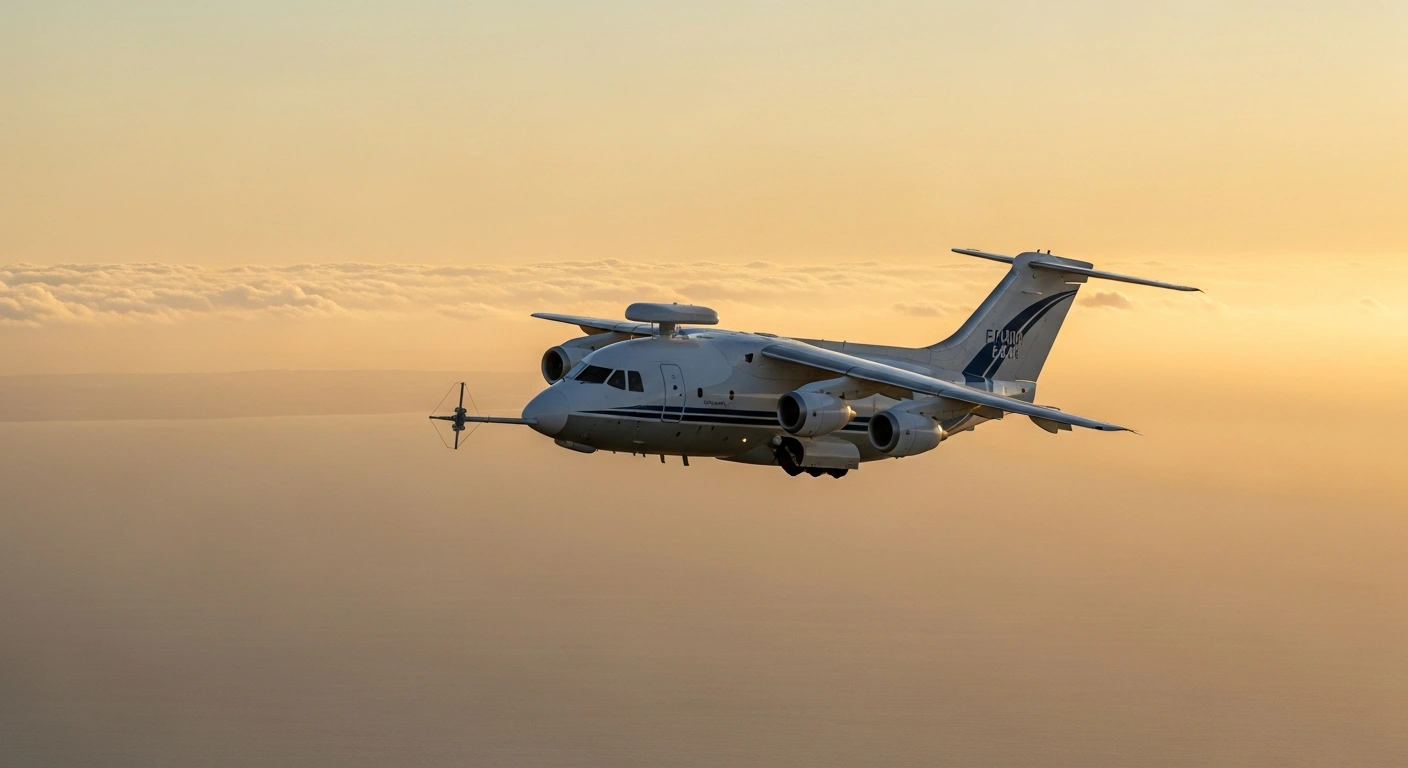 The FAAM BAe 146-301 research aircraft flies through the sky during its final period of service for British atmospheric science.