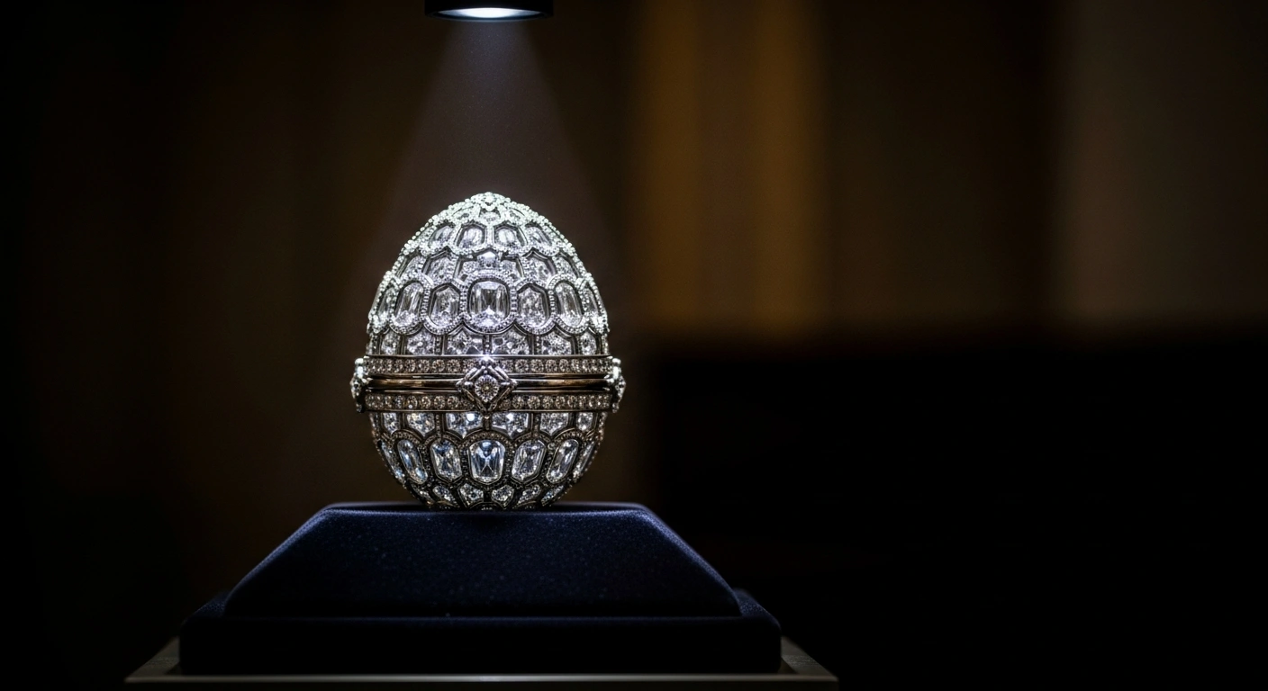A close-up shot of the historic Fabergé 'Winter Egg,' crafted from rock crystal, platinum, and diamonds, resting on a dark velvet pedestal under a dramatic spotlight, symbolizing its record-breaking sale at Christie's.