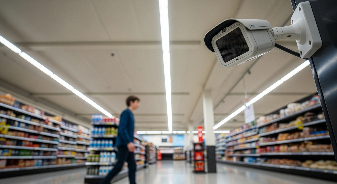 A modern security camera is mounted high in a brightly lit supermarket aisle, symbolizing the Foodstuffs South Island facial recognition trial aimed at deterring serious incidents and staff threats, even as its watchlists explicitly exclude minors.